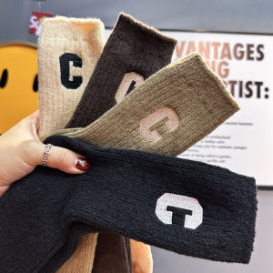 Warm Woolen Women Socks in C Letter Design Mid-Calf Fashionable Solid Color Trendy Ins Style Autumn Collection by Youyi Butterfly