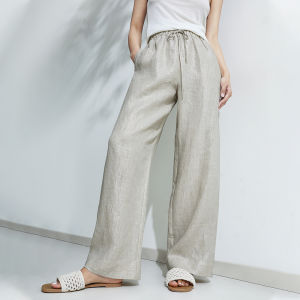 Miccbeirn | Pure Hanflax Casual Wide Leg Pants High Waist Slimming Simple Commute Straight Cut Elastic Waist Womens Trousers
