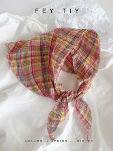 Retro Rainbow Grid Silk Scarf Womens Hair Ties Summer Spring Decorative Neck Scarf Multi-Functional Cotton Fabric Triangle Headscarf
