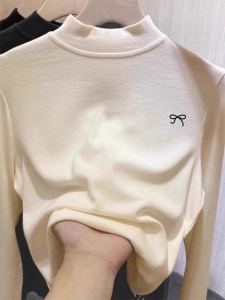 Womens Long Sleeve T-Shirt Half High Collar Butterfly Knot Print Slim Fit Commute Style Korean Version Spring Autumn Top