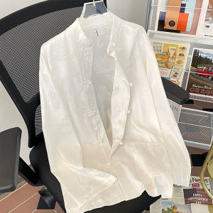 เสื้อเชิ้ตลายมังกรสีเข้มสไตล์จีนใหม่ แขนยาวผ้าไหมน้ำแข็ง ทรงหลวม ทรงหลวม สำหรับผู้ชาย ฤดูใบไม้ผลิ 2024