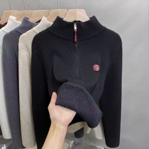Korean Style Fleece Lined Thickened Autumn Winter Zipper Sweater Womens Knitted Shirt Half High Collar Warm Casual Top