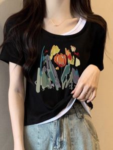Slim Fit Short Sleeve T-Shirt Womens Summer Fashion Half Sleeve Pure Cotton Korean Style Patchwork Miniature Two-Piece Top