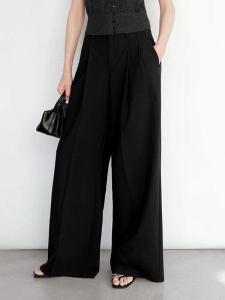 High Waist Solid Color Casual Wide Leg Pants for Women Ainoshange Summer 2025 Straight Cut Commute Style Polyester Blend