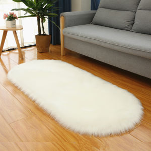 Luxurious Long Plush Carpet Oval Shaped Woolen Simulation Living Room Bedroom Floor Mat White Color Modern Simple Style Home Decor