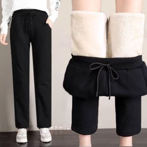 Pink Fleece Lined Straight Leg Sports Pants Womens Autumn Winter Warm Casual Trousers High Waist Long Thick Polyester Fiber