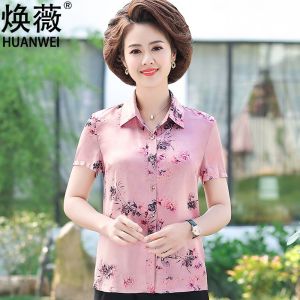 New 2025 Silk Short Sleeve Shirt for Middle-Aged And Elderly Women Summer Print  Silk Loose Fit Fashionable Mom Clothes