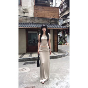 ชุดเดรสยาวไม่สมมาตรแขนกุดผ้าฝ้ายผสมคอวีไม่มีซิปฤดูร้อนใหม่ ชุดเดรสยาวสองชิ้นสำหรับผู้หญิง ชุดเดรสยาวฤดูร้อน