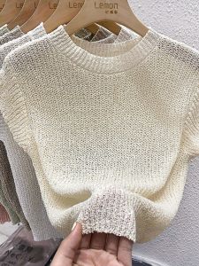 Ice Silk Knitted Short Sleeve T-Shirt Women Summer New Hollow out Sleeveless Slim High Waist Short Length Top Korean Style Commute Pure Color