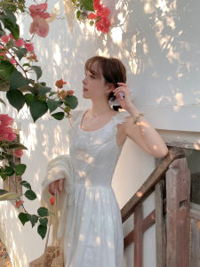 LE LALIN French Style White Daisy Embroidered Vest Dress Long Skirt High Waist Cotton Summer Fashion Womens Clothing