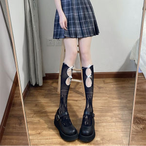 ถุงเท้าน่องผูกโบว์สำหรับสาวร้อน ถุงเท้าสไตล์หื่นญี่ปุ่นน่ารัก ถุงเท้ากลางน่องลายดอกไม้สำหรับผู้หญิง