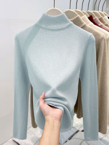 Elegant Soft Light Blue High Collar Knitted Sweater Womens Autumn Winter Pure Color Inner Wear Simple Atmosphere Sense