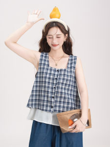 French Retro Check Sleeveless Loose and Versatile Top