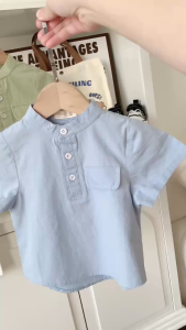 Áo sơ mi cổ trụ cho bé trai tay ngắn phối túi ngực phong cách hàn quốc 9 tới 28kg BERNIE P1124A93