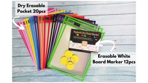 20pcs Reusable Dry Erase Pockets Write and Wipe Pockets with Erasable White Board - Teaching Tool