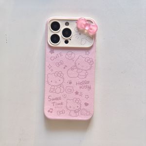 Sanrio | Pink 3D Bow Hello Kitty Phone Case For iPhone 15 14 13 12 11 Pro Max Cute Line Drawing Shockproof Soft Cover