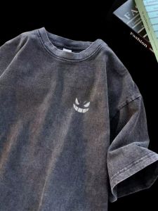 Retro Washed Heavyweight Pure Cotton Short Sleeve T-Shirt Men Summer Loose Embroidered Devil Printed Casual round Neck Top