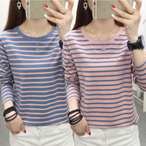 Stripes Pure Cotton Long Sleeves T-Shirt Female Early Spring and Autumn New Arrival Middle-Aged Ladieswear Plus Size Loose Slim Looking Belly-Covering Shirt
