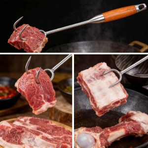 1Pc 40cm Meat Hook Stainless Steel Handheld Meat Flipper Hook With Wood Handle Turner Roasting Hook