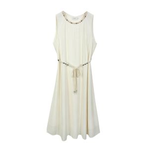 QLX | Artistic Summer Sleeveless Waist-Cinching Belted Dress Midi A-Line Skirt Korean Style Polyester Blend Round Neck Solid Color