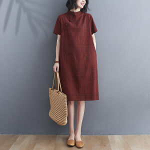 Summer Retro Chinese Style Gingham Improved Cheongsam Womens Clothing Casual plus Size Mid-Length Dress Artsy Loose Chubby Girls Dress