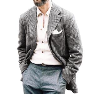 Mens Houndstooth Plaid Slim Fit Blazer Casual Notch Lapel One Piece Suit Jacket for Office Daily Fashion Male Woolen Coat