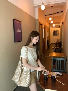 Irregular Tie Band Relaxed Style Graceful Apricot Short Sleeve T-Shirt