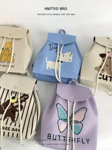 กระเป๋าเป้สะพายหลังผ้าถักลายสัตว์การ์ตูนสไตล์เกาหลีสำหรับผู้หญิง ความจุขนาดใหญ่ กระเป๋าถือแบบอเนกประสงค์ กระเป๋าสะพายไหล่แบบลำลอง