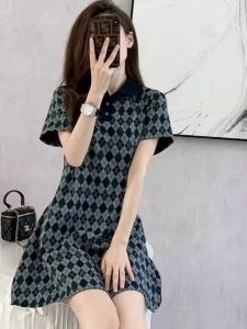 over Plus Size 150.00kg Age-Reducing Design Elegant Short Sleeve Dress Female Plus Size Ladies Summer Loose Slim Looking Prismatic Tartan Skirt 2