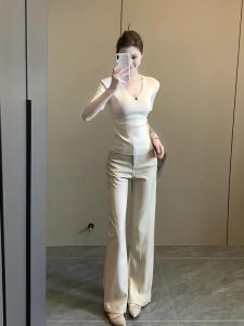 Summer Korean Style Short Sleeve Knitted Top High Waist Suit Pants Flared Pants Two Piece Set Original Model Shipping
