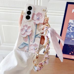 szhaiyu | For Samsung Galaxy Z Fold 8 7 6 5 New Korean Floating Cute Fresh Oil Painting Shockproof Case With Stylish Silk Wrist Strap