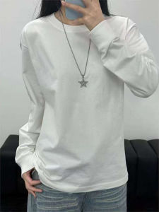 เสื้อยืดคอกลมแขนยาวผ้าฝ้ายแท้สีขาวสไตล์อเมริกันสำหรับผู้ชาย เสื้อชั้นใน Cleanfit ทรงหลวม ทรงหลวม ทรงหลวม