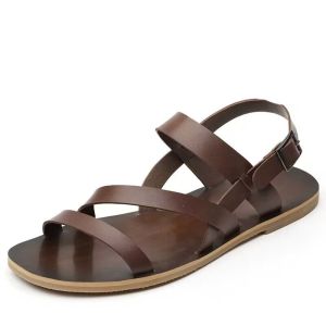 Handmade Genuine Leather Mens Sandals Summer Casual Roman Anti-slip Large Size Flat Bottom Beach Trendy Slip-On Shoes