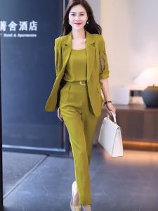 แฟชั่นชุดลําลองสตรีสไตล์ใหม่ High Class แขนสั้น Western Coat ชุดสามชิ้นฤดูร้อนโพลีเอสเตอร์