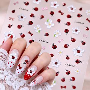 1Pcs 5D Cartoon Ladybug Bee Flower Nail Stickers Kawaii Insect Bow Floral Self-Adhesive Nails Decals for Spring Manicure Decorat