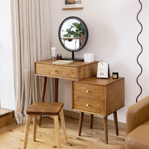 Light Walnut Color Color Solid Wood Dressing Table Small Apartment Bedroom Log Dresser Chest of Drawers Integrated Multifunctional Small Dressing Table