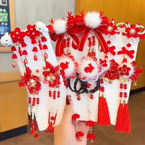 1 Pair Chinese Kids Red Hair Clips Girls Headdress Wig Braids Fashion Cute Fringe Hair Clips