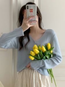 Blue Knitted Open Cardigan Womens Spring Autumn New Lazy V-neck Long Sleeve Sweater Jacket Top Summer Outerwear