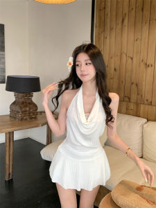GUZILIAN | Pure Desire Style Womens Summer Slim Fit Halter Neck Strap Vest High Waist Mini Skirt Set Korean Style Commute Fashion