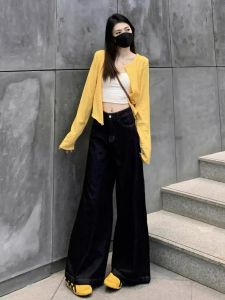 Deep Blue Vintage Denim Pants High Waist Loose Wide Leg Floor Length Womens Spring Autumn Trousers Long Pants