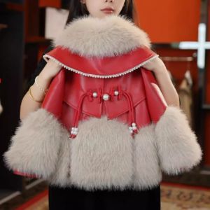 Girls Fur Coat Thickened Fleece Winter Jacket Red New Year Visiting Clothes Childrens Fashion Small Girl Cotton Clothing