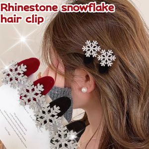 2Pcs Women Flocked Hairpins Rhinestone Pearl Snowflake Hair Clips Barrette Girls Wedding Christmas Ornaments Headwear Hair Jewelry