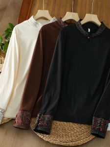 เสื้อเชิ้ตคอตั้งพิมพ์ลายดอกไม้สไตล์ย้อนยุคสไตล์จีนใหม่แขนยาวสำหรับผู้หญิง แฟชั่นฤดูใบไม้ผลิ 2024