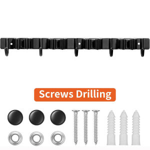 1 Heavy-Duty Metal Tool Rack with 4 Slots and 5 Hooks - Wall-Mounted Garden Tools Broom Mop and Garage Equipment Tool Rack Storage Black