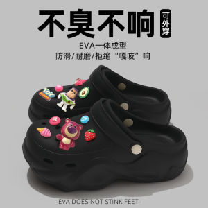 รองเท้าแตะแบบสวมส้นหนาสำหรับผู้หญิง สีดำ ทรงหัวมน รองเท้าแตะชายหาดกันลื่น รองเท้าแตะฤดูร้อน รองเท้าแตะพื้นยางแบบสวมสบาย