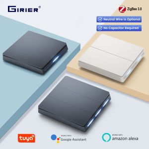 GIRIER Tuya ZigBee Wall Switch Smart Button Light Switches 1/2/3/4 Gang Support Neutral or without Neutral Wire Works with Alexa