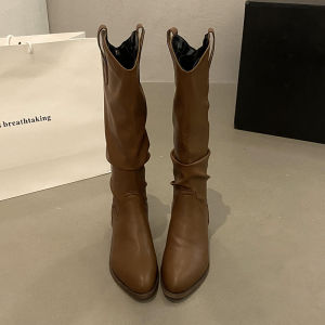 Retro Brown Western Cowboy Long Boots Womens Mid-Calf Pointed Toe Fashion Boots Casual High Tube Winter Autumn Boots