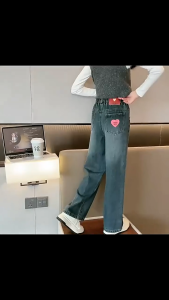 130-160cm ยีนส์เด็กผู้หญิงขาตรง กางเกงเด็กผู้หญิง เอวยางยืด เอวสูง Navy การออกแบบหัวใจรัก ระบายอากาศได้สะดวกสบาย 2025 ใหม่