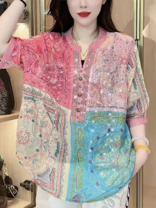 Color Block Printed Diamond Embroidery Mid Sleeve Summer 2023 New Style Large Size Womens Clothing Versatile Top for All Seasons