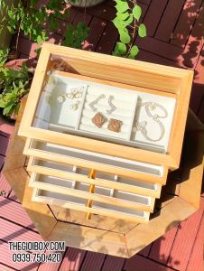 Hộp Đựng Nữ Trang - Phụ Kiện Trang Sức Để Bàn 4 Tầng Nắp Kính - Tủ Để Trang Sức Mini Nhỏ Gọn 4 Ngăn Kéo Lót Nhung